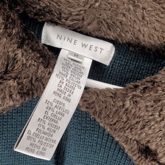 Nine West Vtg Fur Collar Cardigan Women Medium Green Rib Knit - Picture 3 of 9